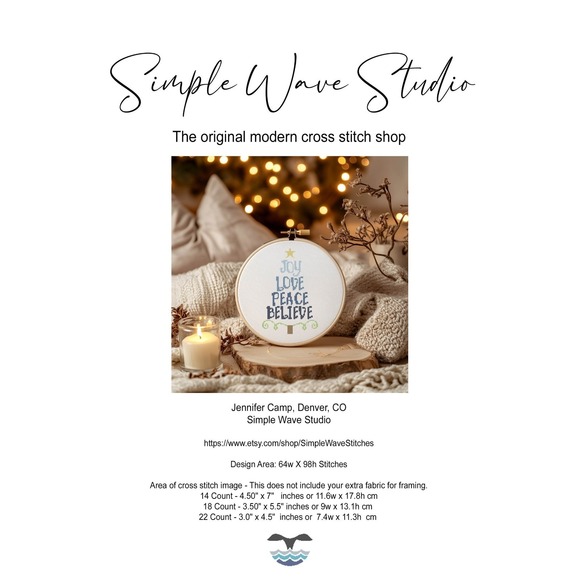 simple wave studio Other - Holiday Merry Christmas Tree Peace Joy Love Counted Cross Stitch Pattern KIT